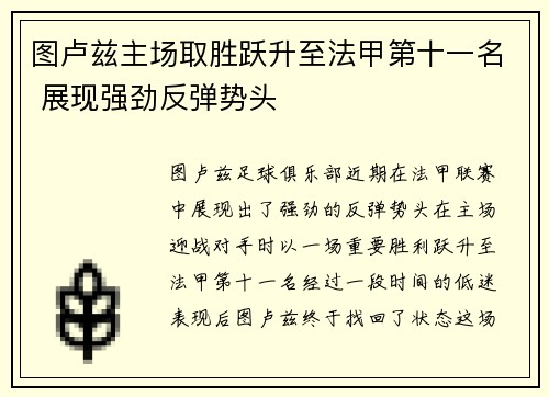图卢兹主场取胜跃升至法甲第十一名 展现强劲反弹势头 图卢兹主场取胜跃升至法甲第十一名 展现强劲反弹势头